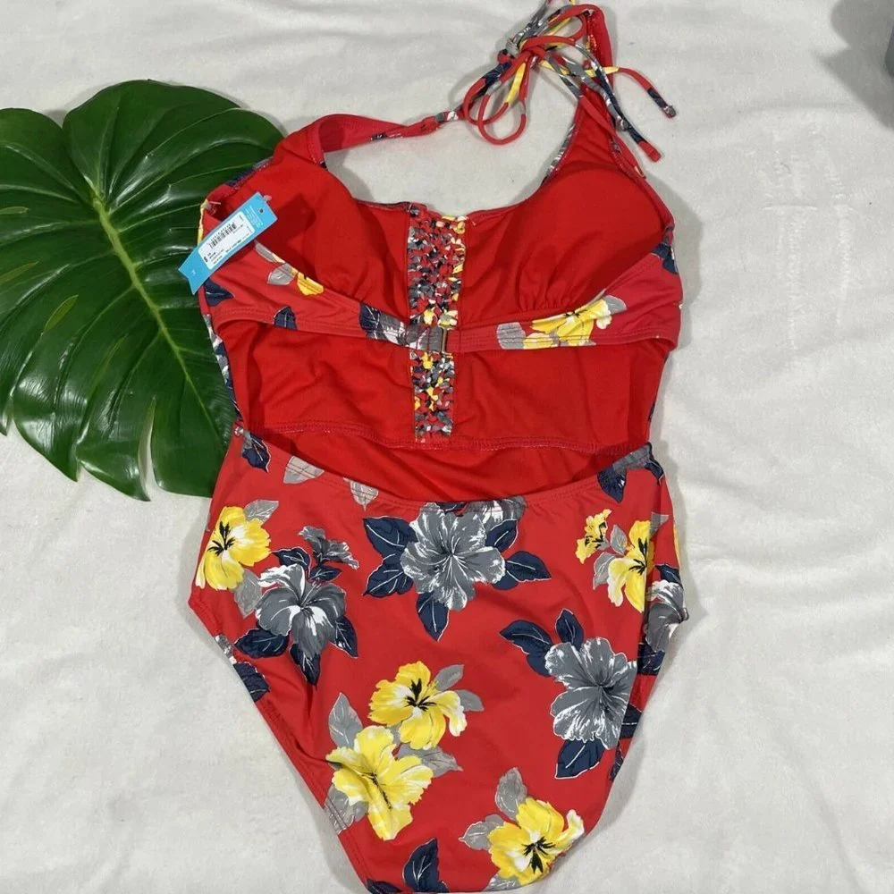 NWT $89 Ambrielle‎ Hawaiian Floral One Piece Swimsuit in Red [SZ Medium ] #3902